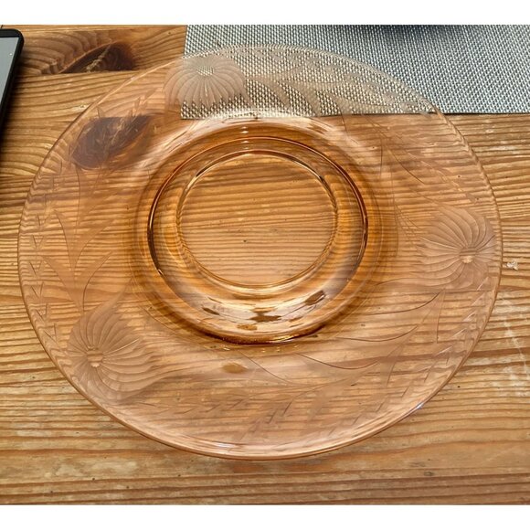 Vintage Pink Depression Glass Serving Platter Floral Engraving Cake Plate - Picture 2 of 4
